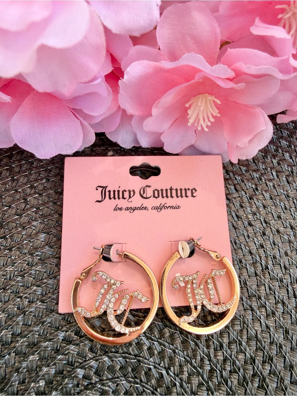 Juicy Couture Pink and Gold Crystal JC Hoop Earrings